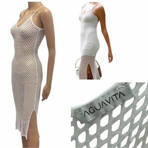 Aquavita White Open Mesh Net Midi Slit Coverup Dress Womens Small